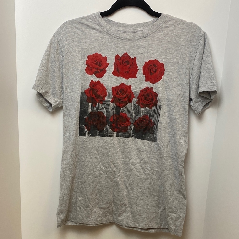 Mighty Fine Gray Tee with Red Rose Design